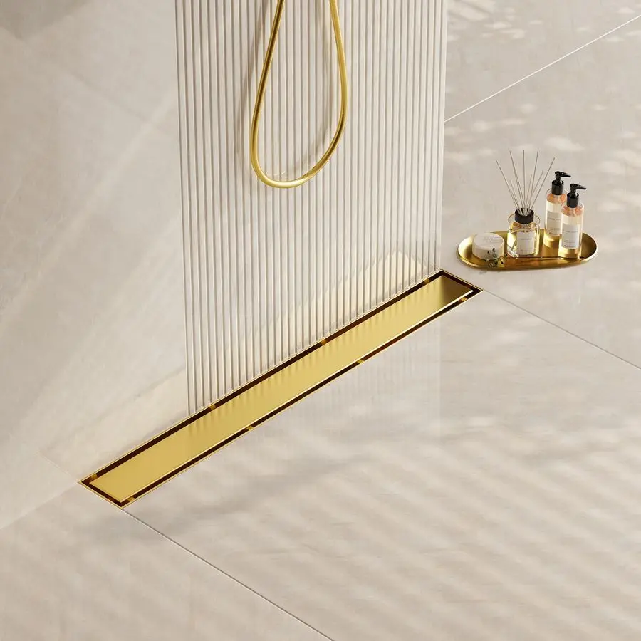 

24Inch Gold Linear Shower Drain, 2in1 Flat amp Tile Insert Cover, Stainless Steel Linear Drain, Brushed Brass Rectangle Shower F