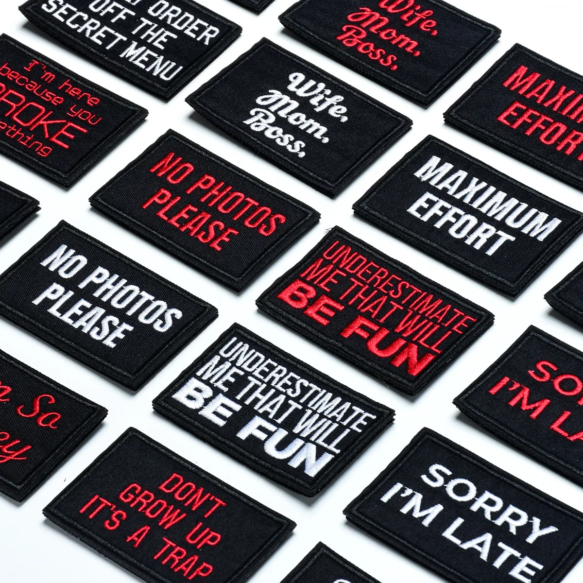 Red White Text Patch Badges Embroidered Applique Sewing Iron On Clothes Stickers Garment Apparel Accessories