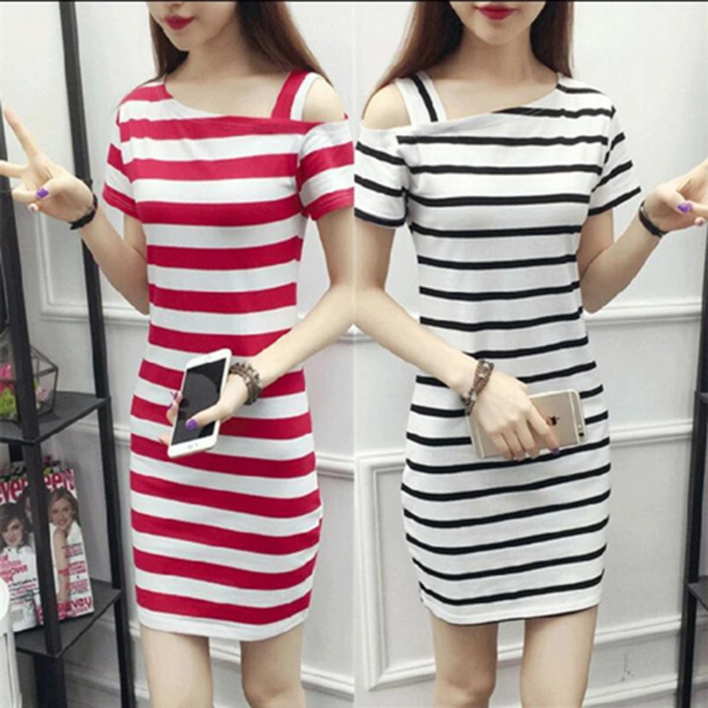 Women Fashionable Slim Design Delicate Stripe Printing Pullover Dress Off-shoulder Dress