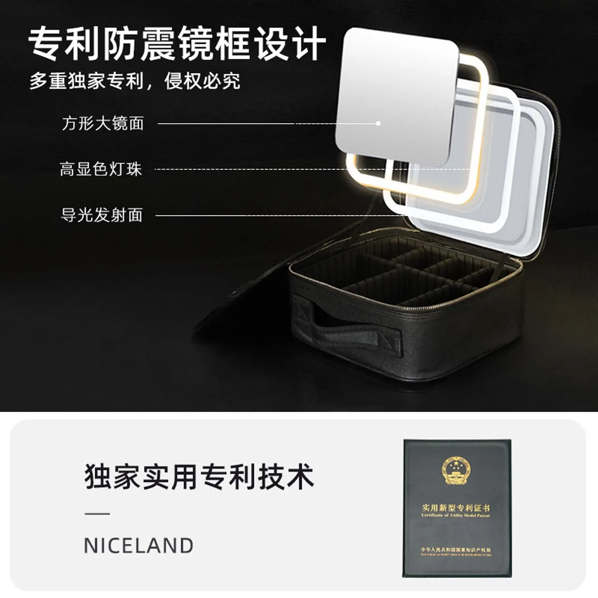 Three-speed makeup lighting Large capacity makeup bag Makeup case Full screen mirror Portable travel makeup storage bag storage