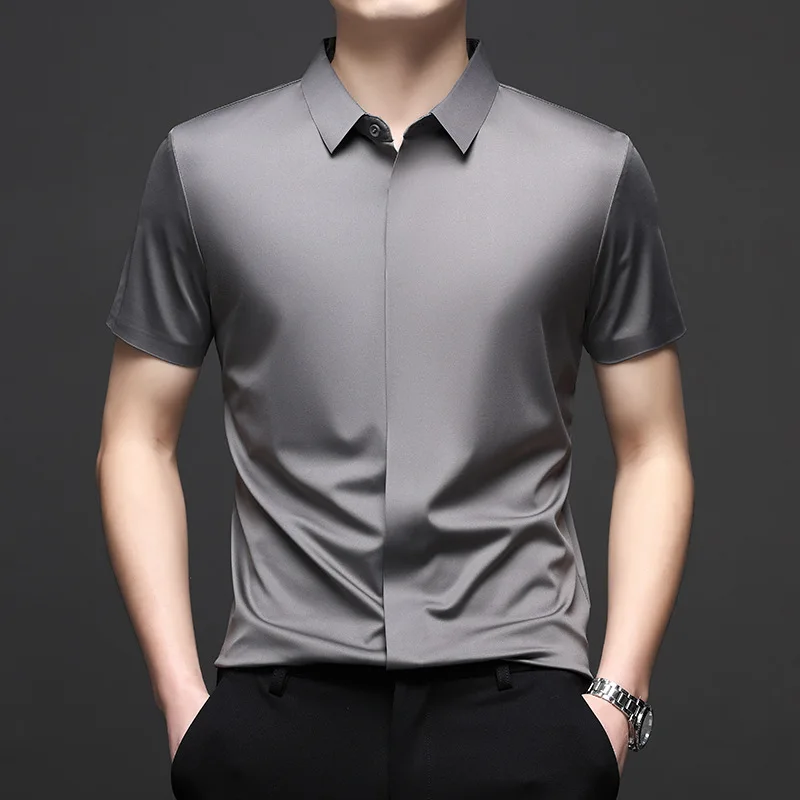 Silk Men Short Sleeve Shirt Business Casual Stretch Pure Color Commercial Affairs Casual Top
