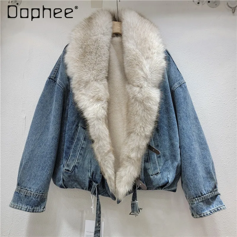 

Пальто из искусственного меха, прочная лоскутная короткая куртка с большим меховым воротником, утепленная теплая джинсовая парка, зимняя одежда 2025, женская одежда