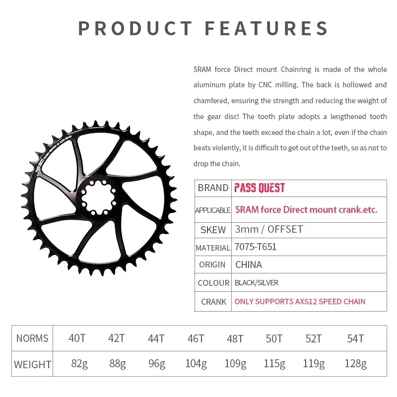 PASS QUEST 12s AXS Chainring for Sram ETAP Force Direct Mount Bike Mtb single chainring 3mm Offest 8-Bolt 38T-54T Chainwheel