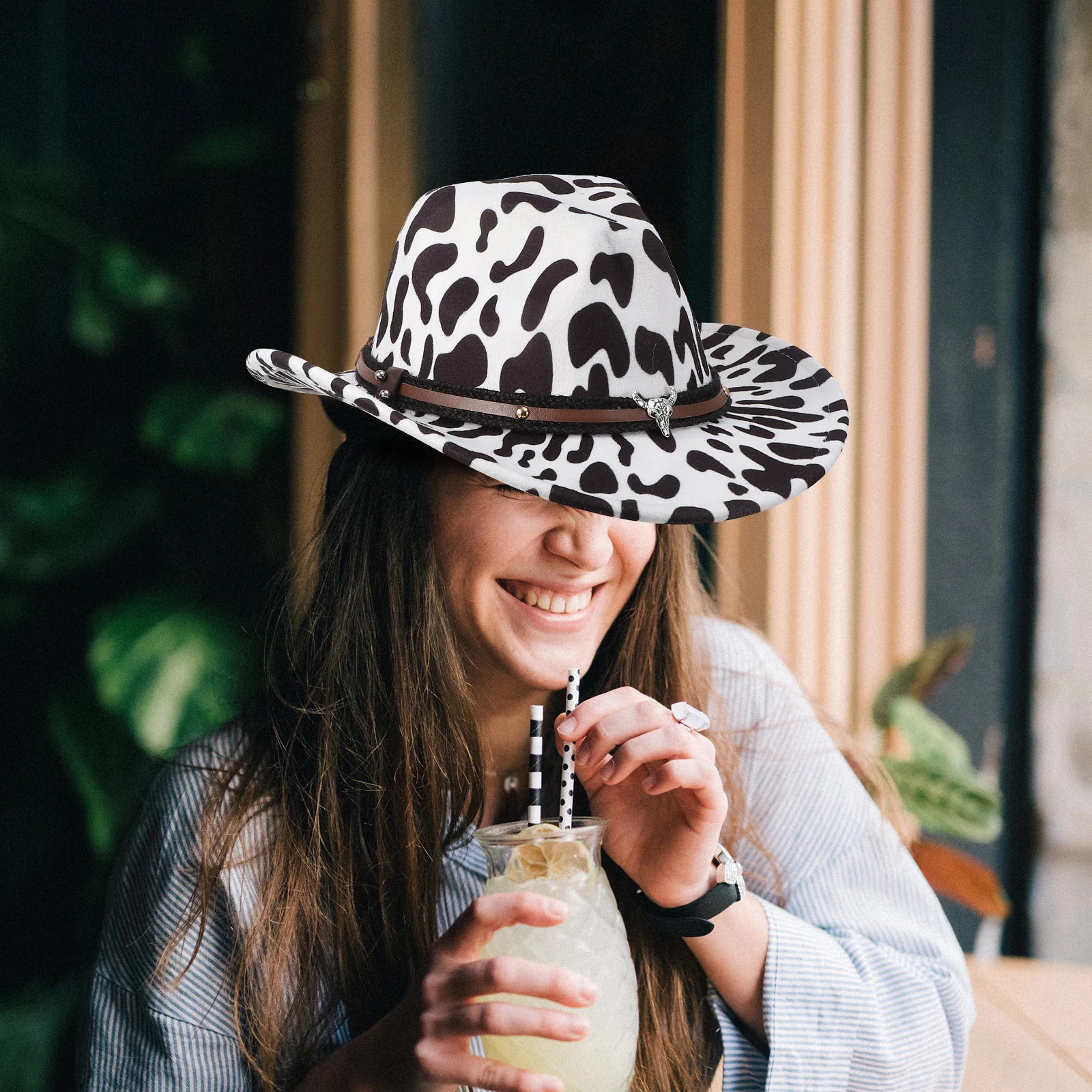 

1Pcs Cowboy Derby Hat Cow Grain Pattern Design Halloween Party Costume Prop Decorative Wearable Accessory for Festival