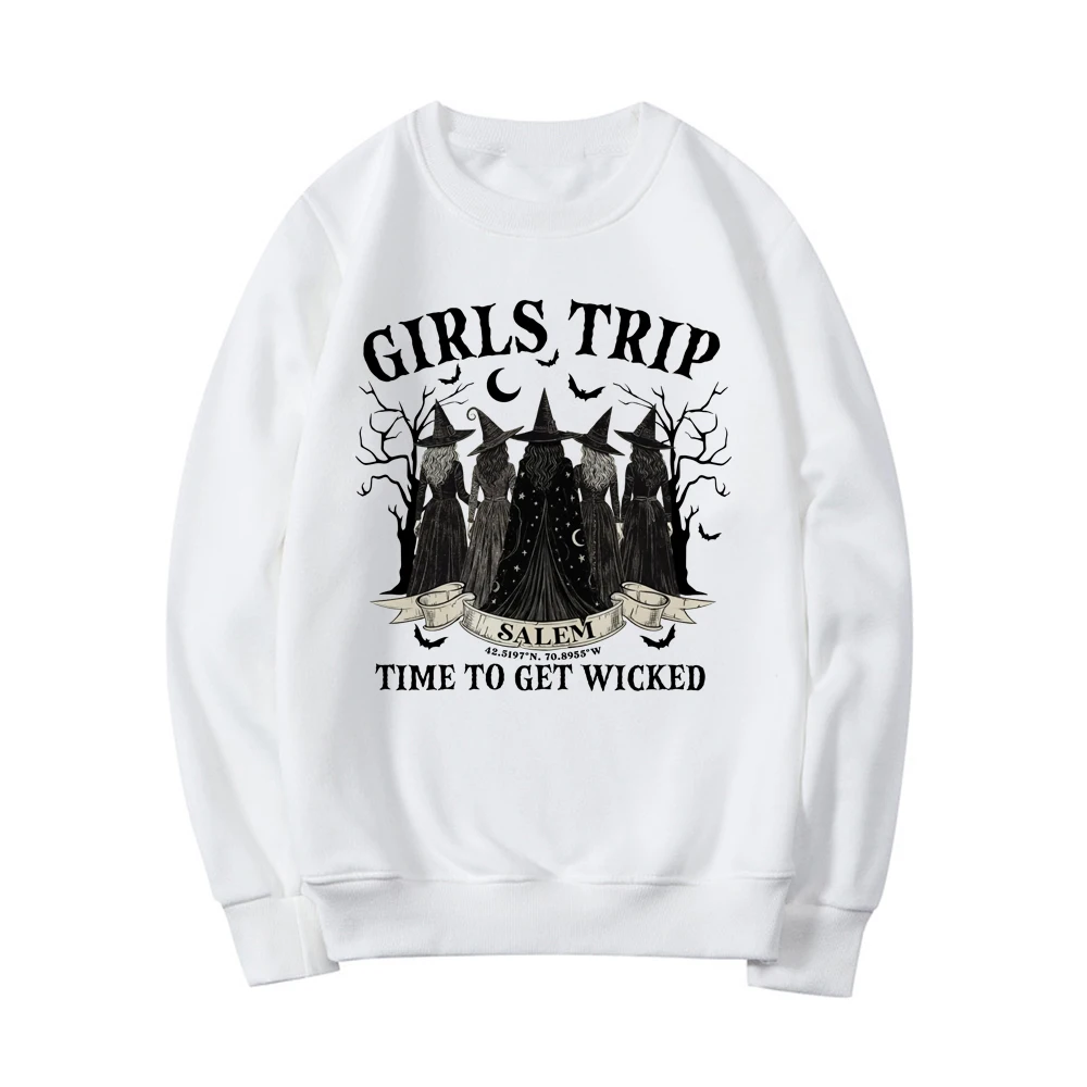 Vintage Girls Trip Salem Sweatshirt Halloween Witch Hoodie Women Crewneck Sweatshirt Salem Witch Hoodie Spooky Season Pullovers