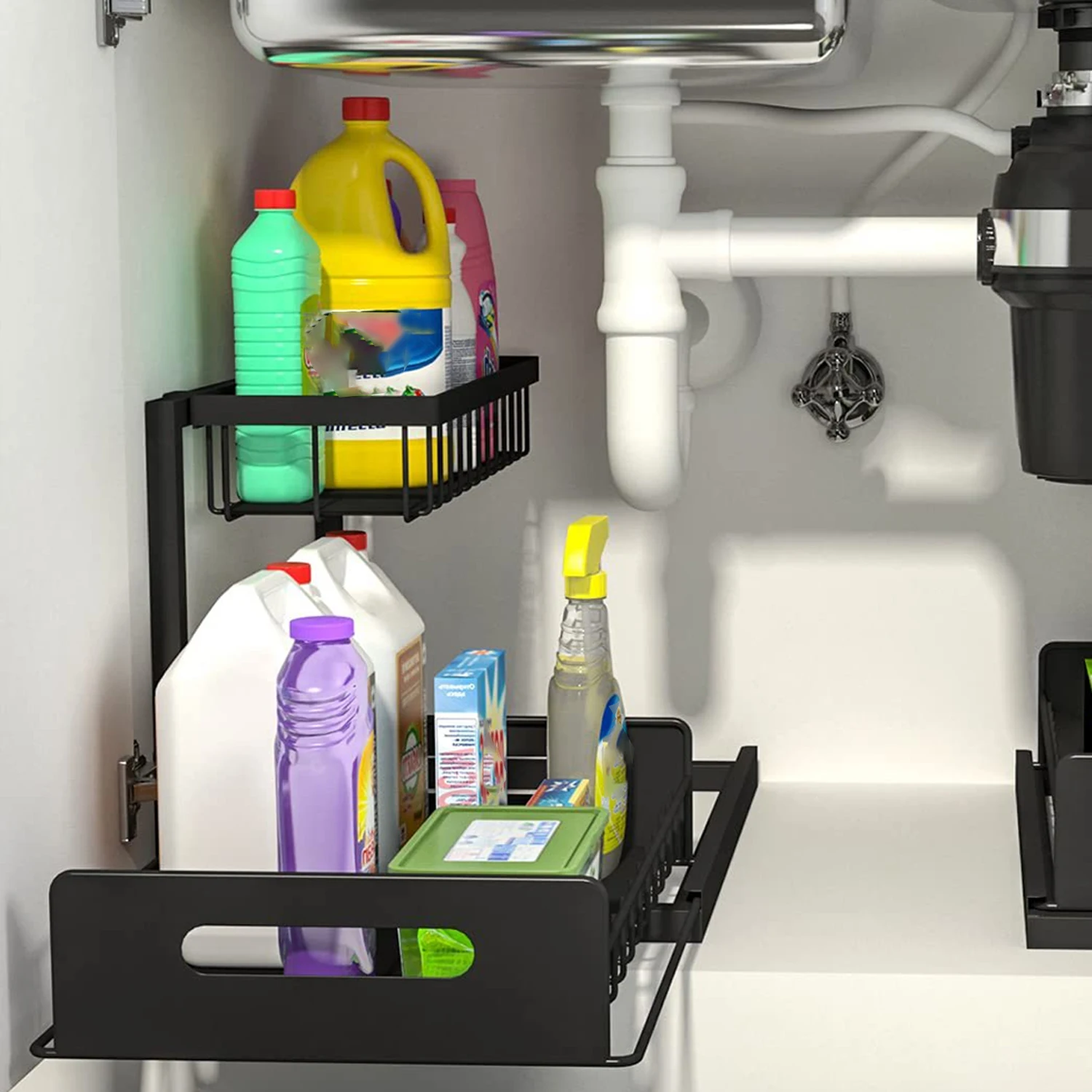 Organizzatore di stoccaggio sotto il lavandino a 2 livelli cassetto a 1 livello armadio scorrevole