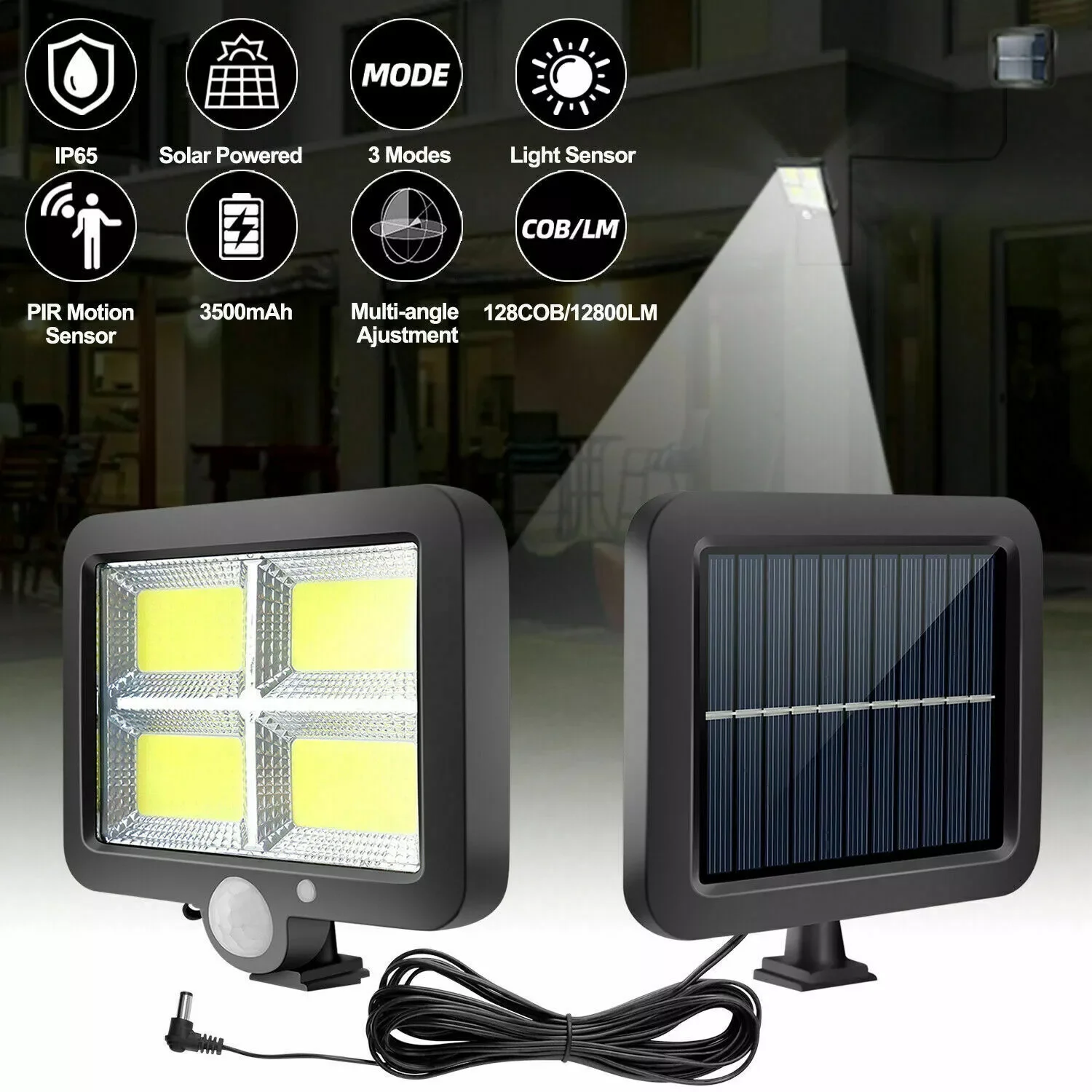 Lampu taman, 128 COB LED Solar PIR Sensor gerak lampu dinding lampu luar ruangan taman halaman