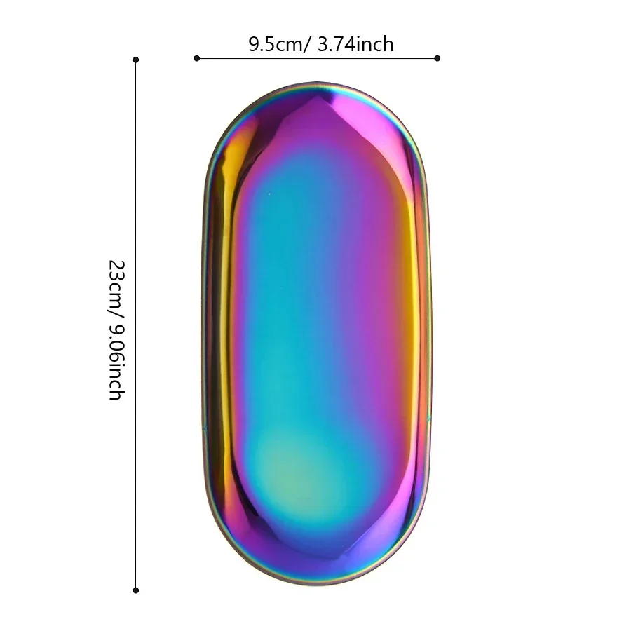 Bandeja oval de aço inoxidável, armazenamento de joias para manicure, organizador de cosméticos de metal para exibição de arte em unhas, bolo, frutas, sobremesa, servir