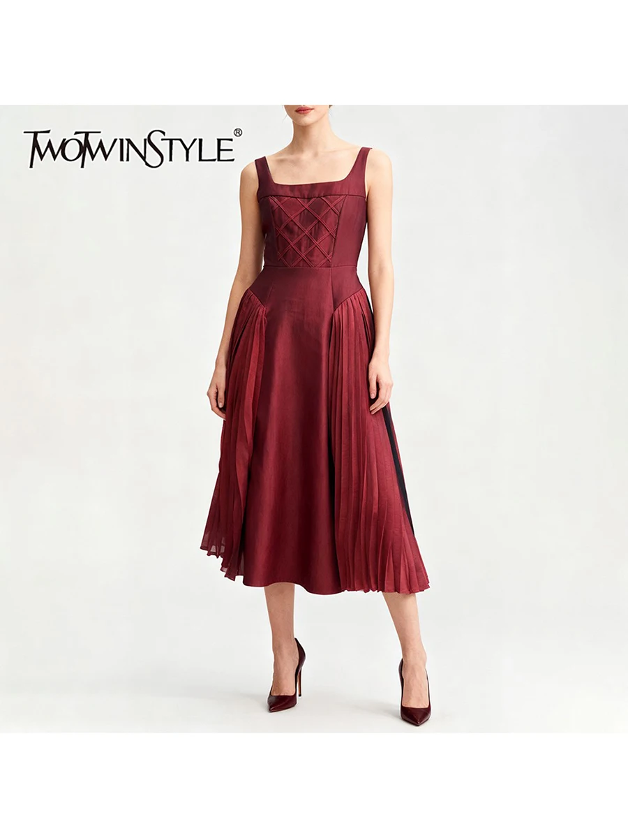 TWOTWINSTYLE Solid Spliced Shirring Fashion Dresses for Women Square Neck Sleeveless High Waist Casual Dress Female Clothing New