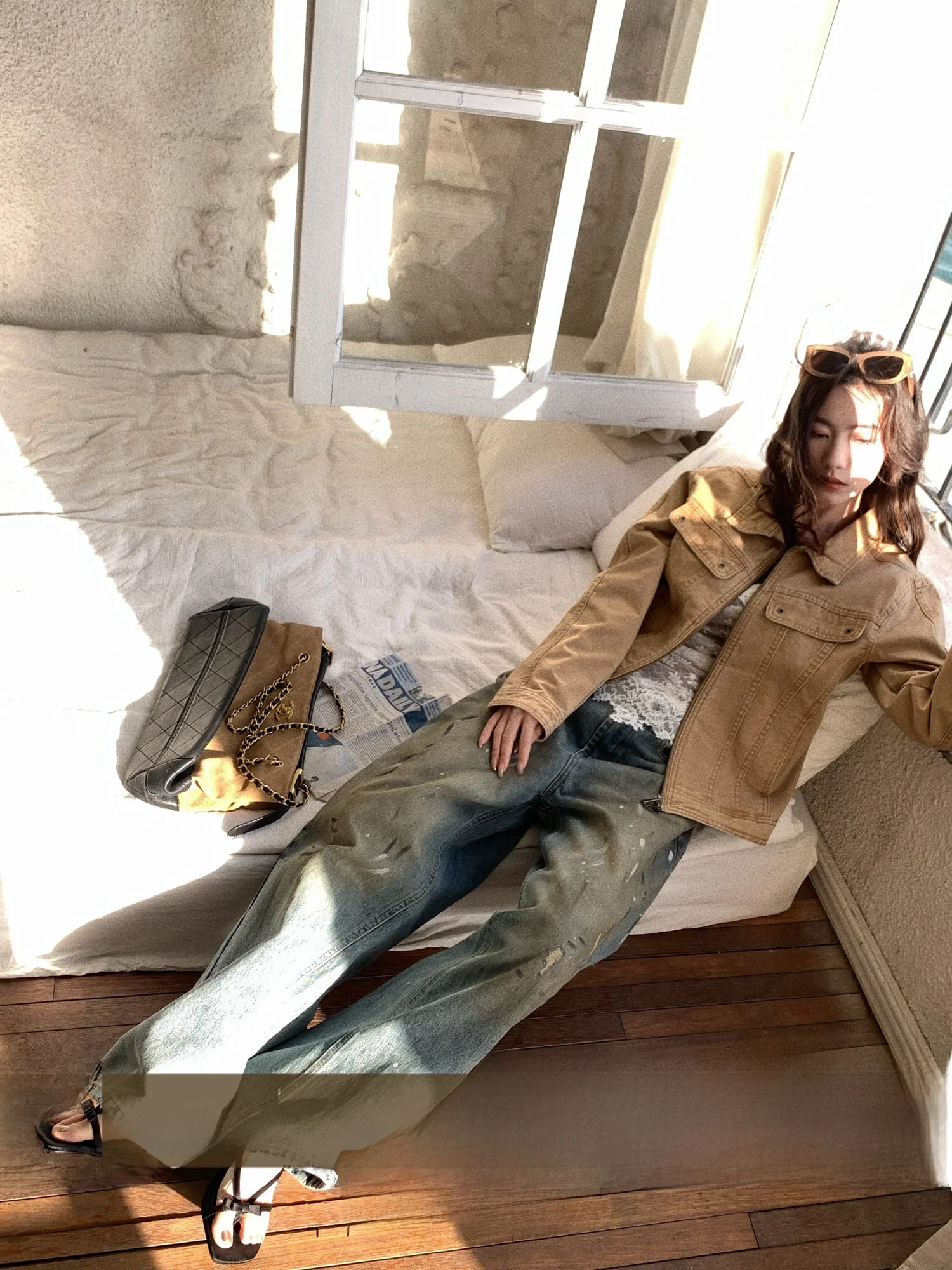 

Женские джинсы Waed Paint Splatter с широкими штанинами, свободного кроя, с высокой талией, из смесового хлопка, повседневные, весенние, деним