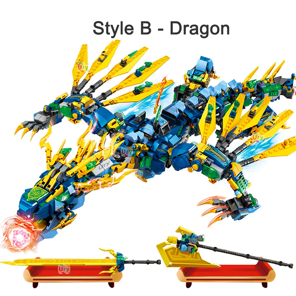 2in1 Ninja Blue Warrior Robot Battle Mech Flying Fire Dragon Set Fighter Figures Building Blocks Toys for Kids Boy Chritmas Gift