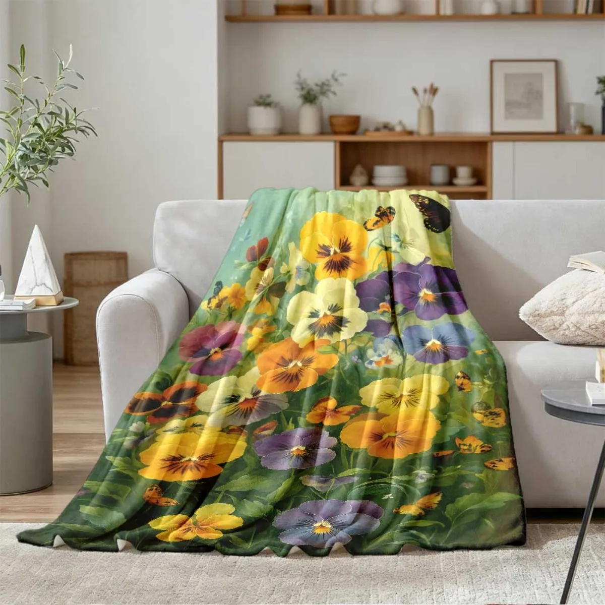 Bright Mixed Pansy Blossom Butterfly Garden Plant Throw Blanket Gentle Fabric for Travel Bedroom Romantic Floral Warm Household
