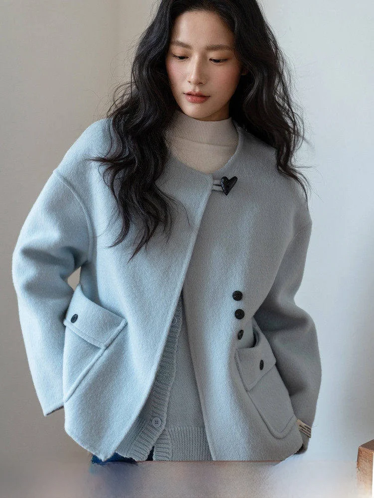 

Blue round Ne ort Double-Faced Camere Woolen Coat Women's Loose Winter Outerwear Cact Size MN-MN85 2025 Winter
