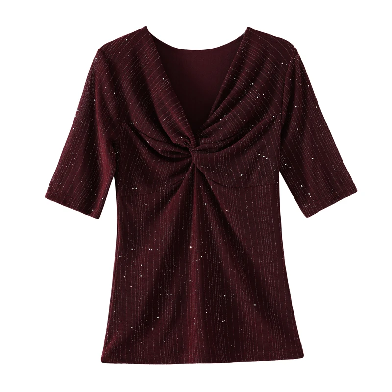 Korean Fashion Women T Shirt V-neck Shiny Pleated Mesh Tops Bright Silk Short Sleeve Casual Shirt