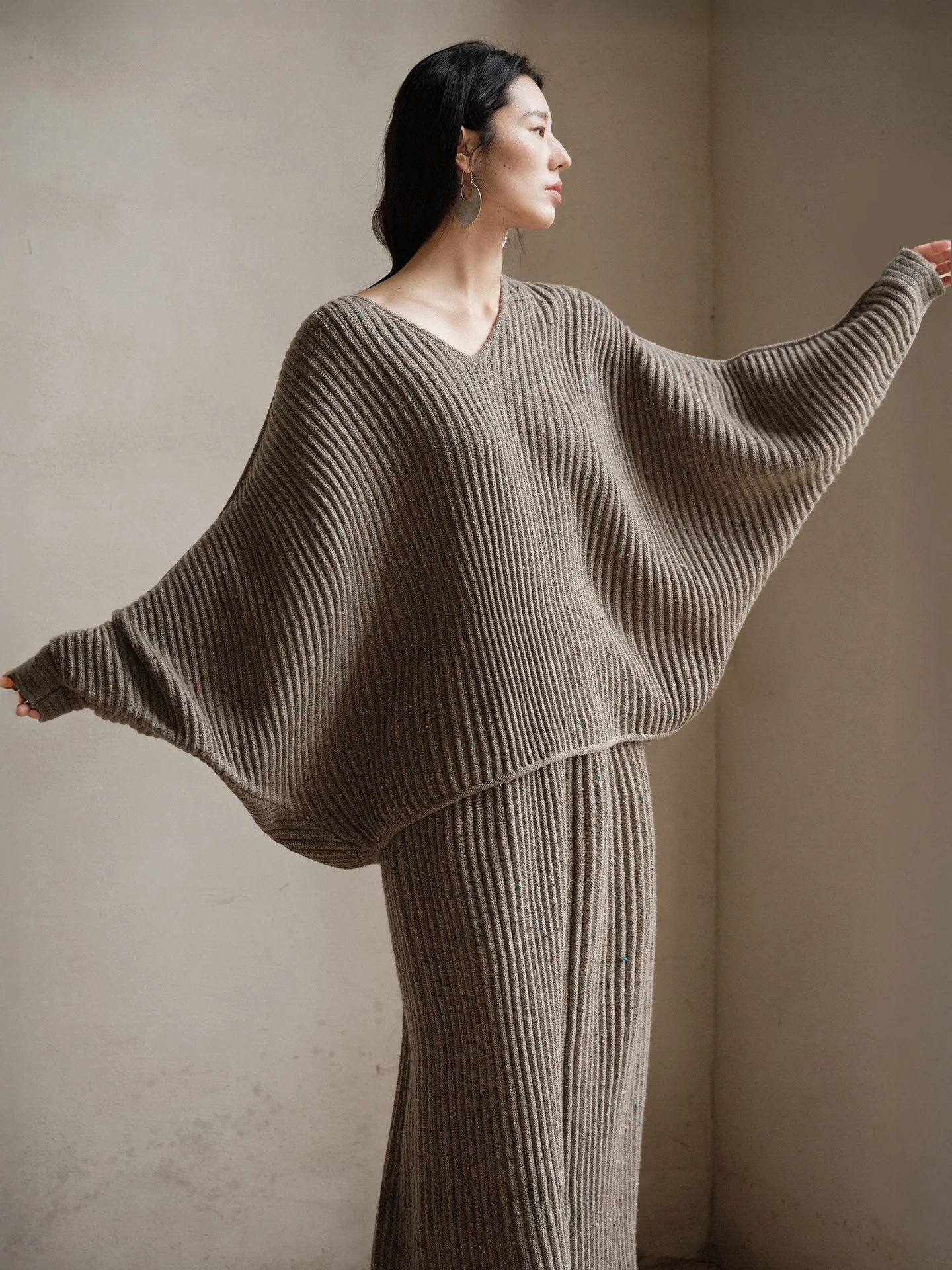 

3D Texture Woolen Sweater Bat ape f-length Skirt Set Women's Ele Winter Faion Casual Work Outfit Home Date Wear