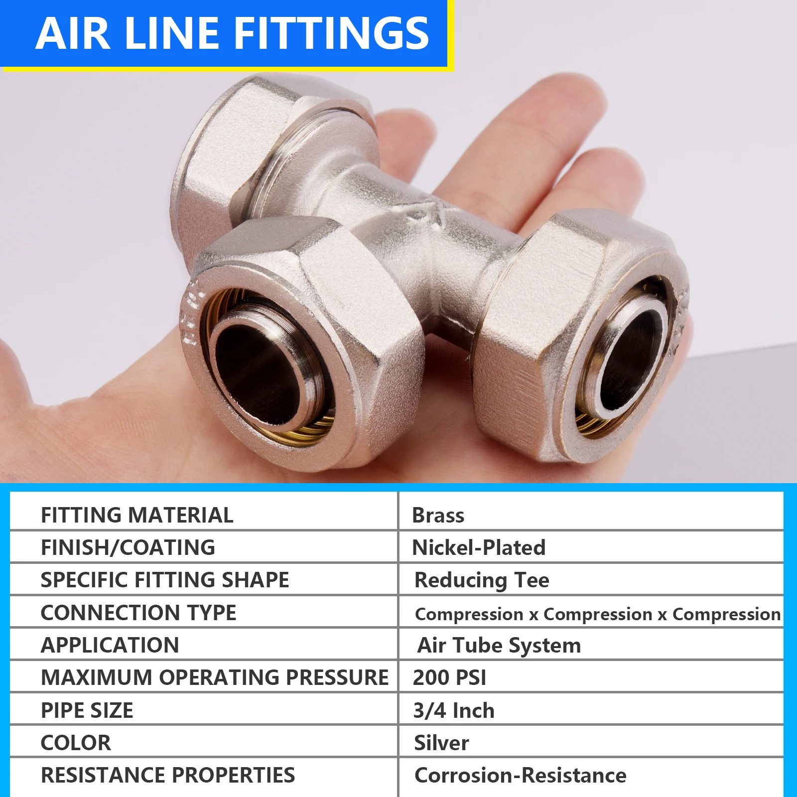 

1pc 3/4" Tee Air Line Fittings,Air Piping Fitting For Shop Garage Compressed Air line Tube System Kit Brass-Nickel Plated,200psi