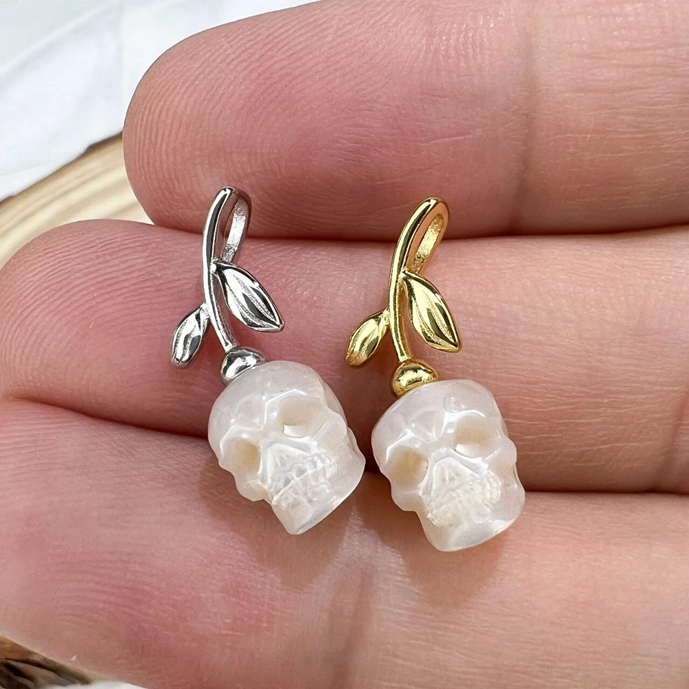 Hand Carved Freshwater Pearl Skull Pendant 925 Sterling Silver Hollow Heart Gothic Jewelry DIY Necklace Earrings Accessories