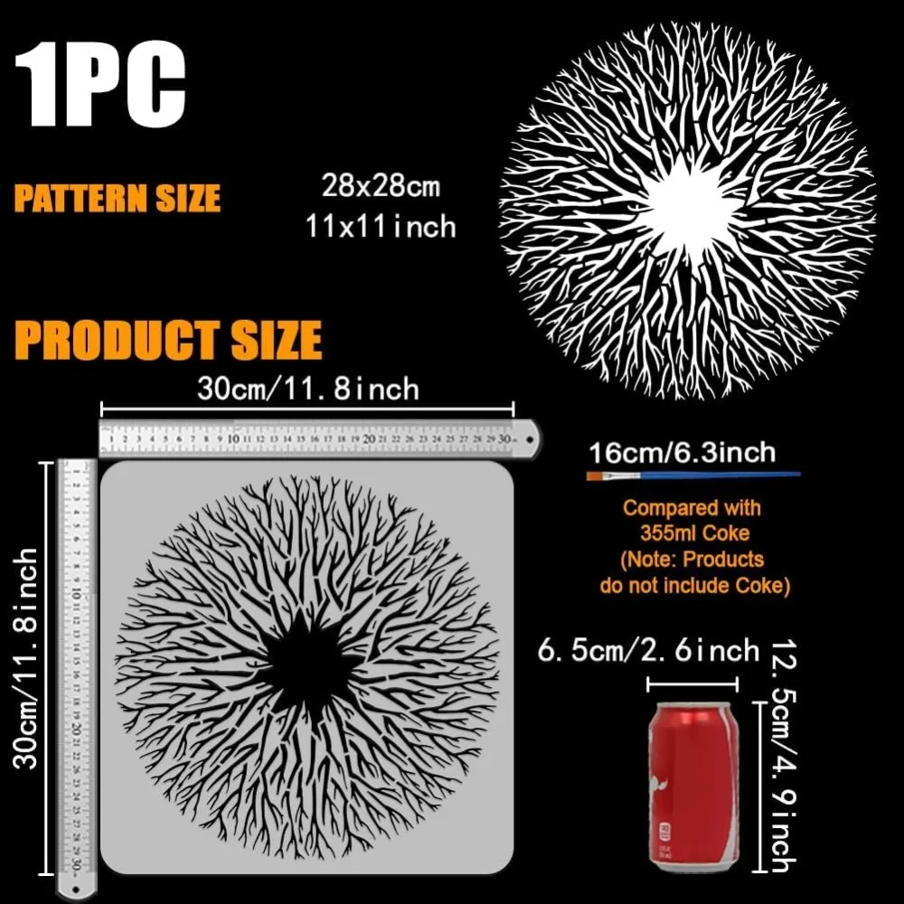 Tree Root Stencil for Painting 11.8x11.8inch Hollowed Tree of Life Template with Paint Brush Reusable Round Tree Branch Painting