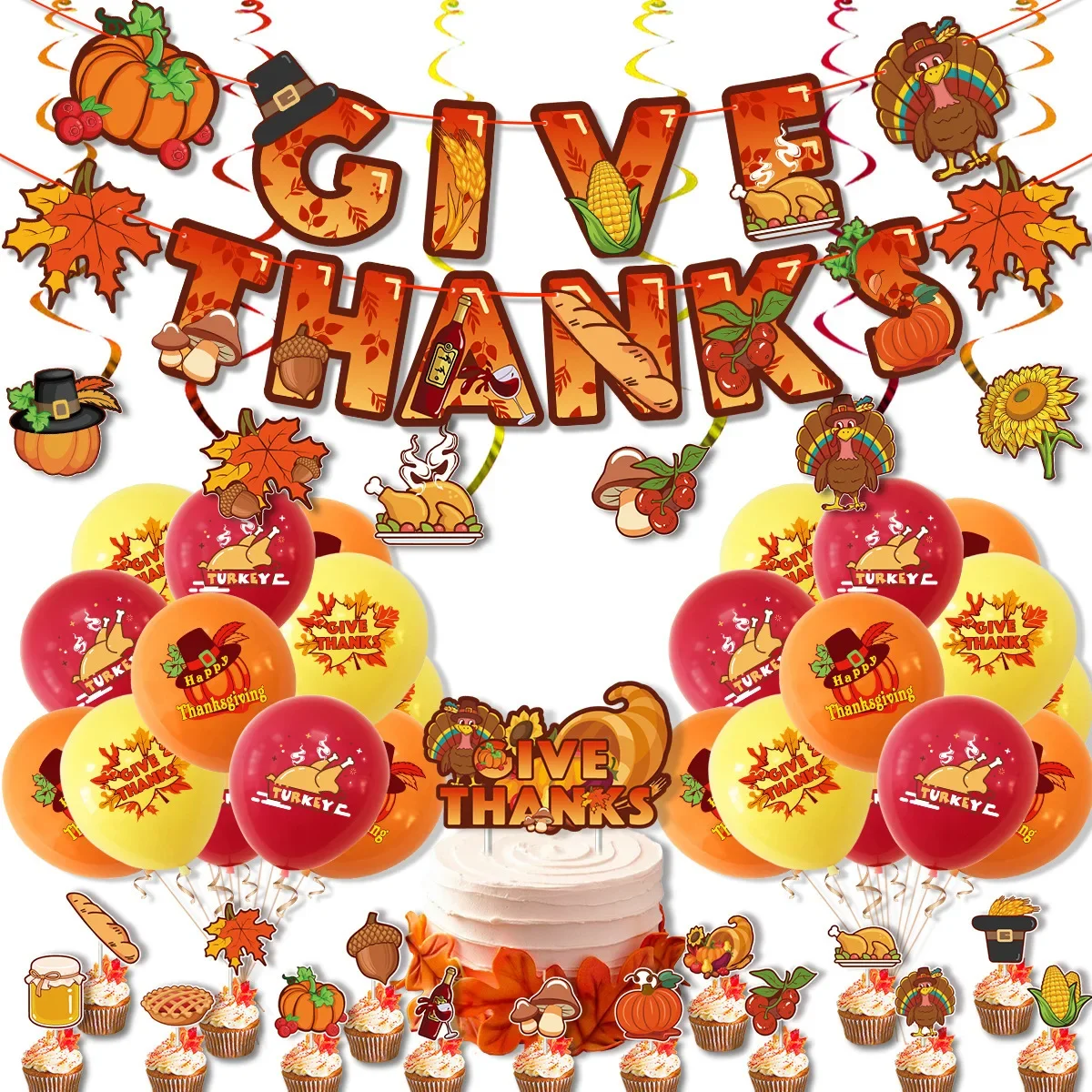 Thanksgiving Day Theme Party Decorations Pumpkin GIVE THANKS Banner Balloons Turkey Ceiling Decoration Party Supplies