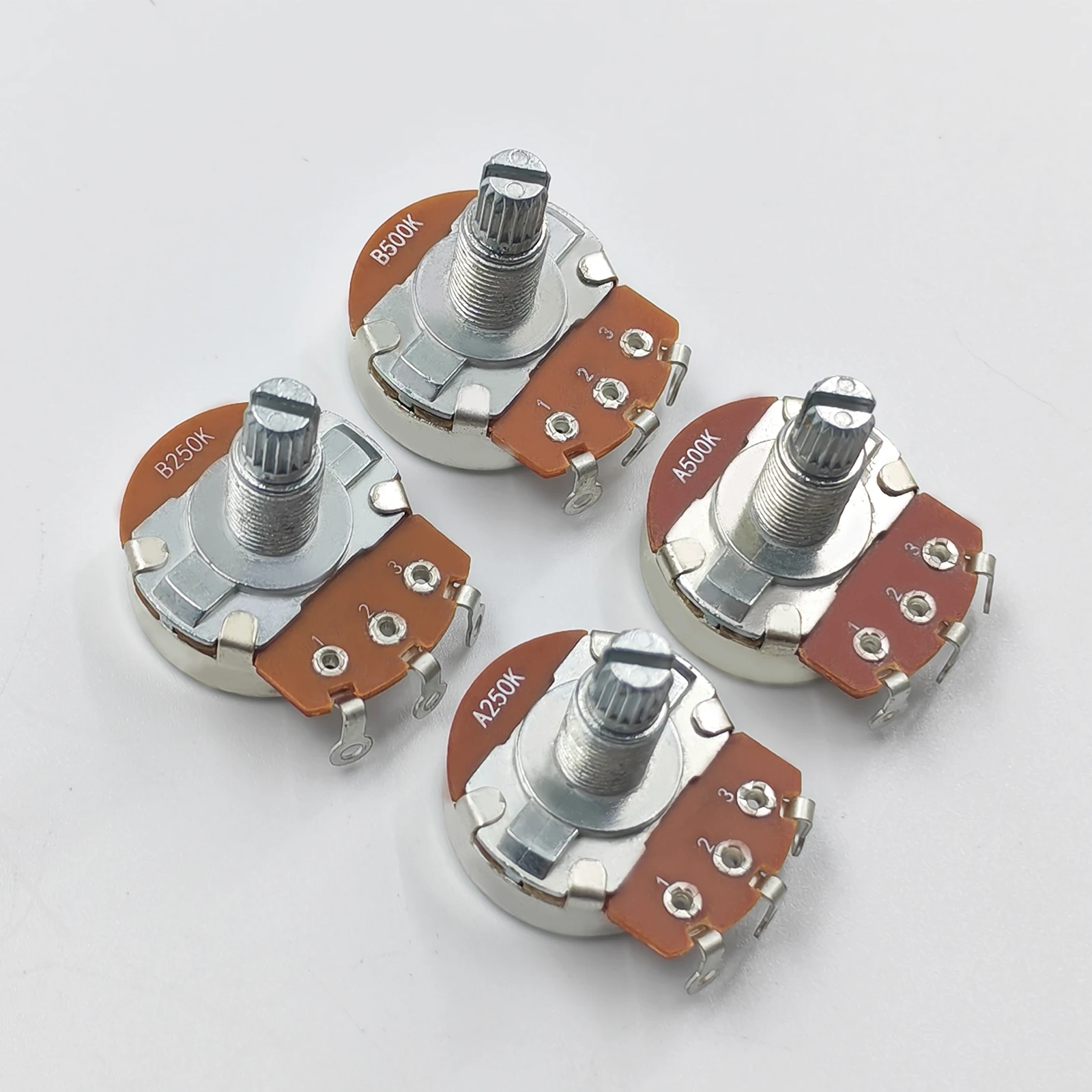RUKOVA 4-Pack  Full Size Guitar & Bass Potentiometers, Optional A500K/B500K/A250K/B250K, 18-Tooth 6mm Split Shaft