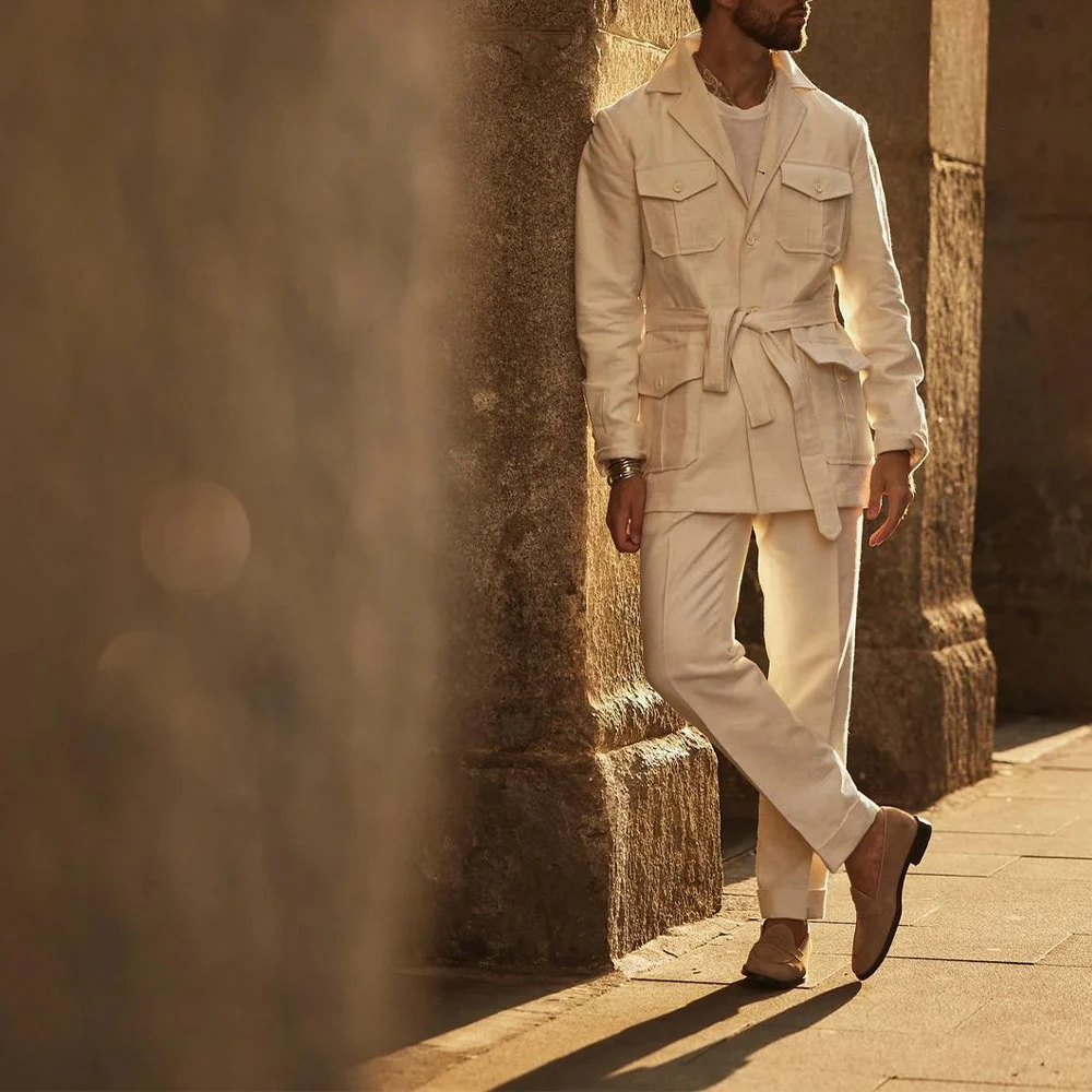 

2 Pieces New Linen Suits With Belt Men's Summer Line Suits Single Breasted Groomsmen Suits For Wedding（Blazer+Pants）