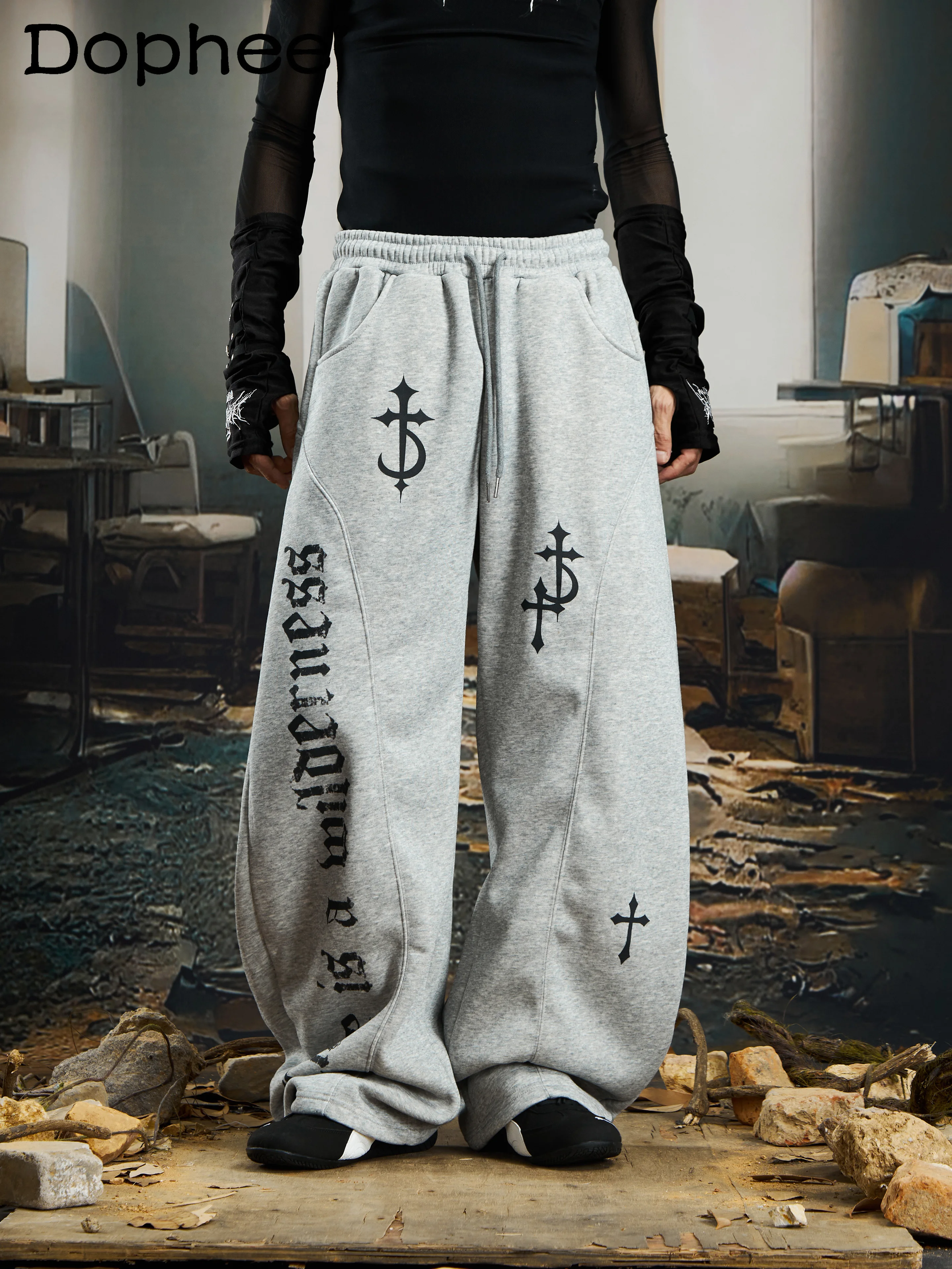 

American Retro Distressed Elastic Waist Printed Fleece-Lined Sweatpants Warm Thick Loose Casual Trendy Sports Pants Unisex