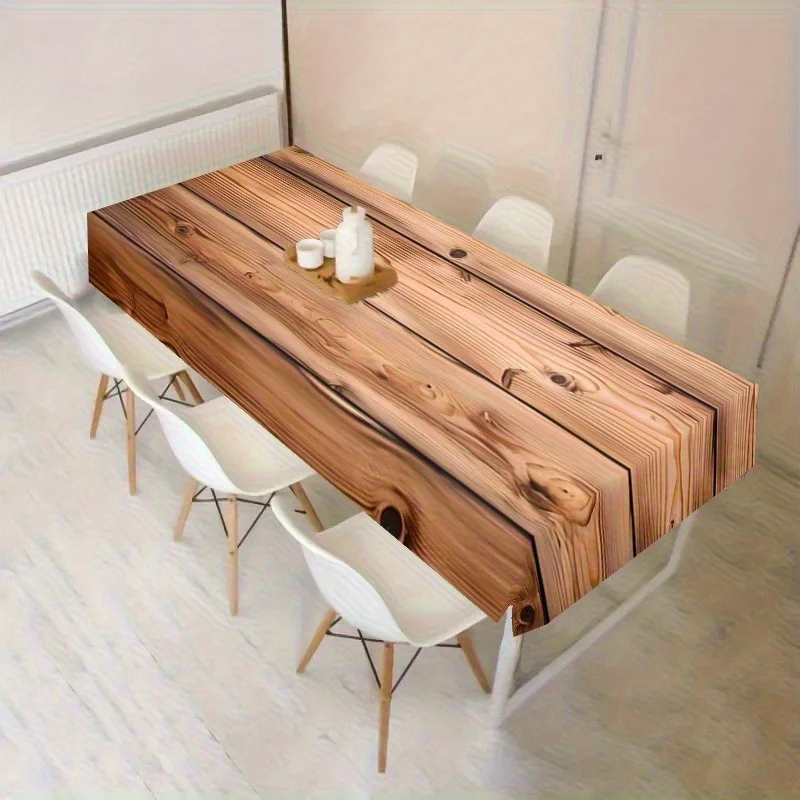 1PC Wood Grain Printed Tablecloth - Durable polyester kitchen and dining tablecloth with realistic wood texture design.PMJ