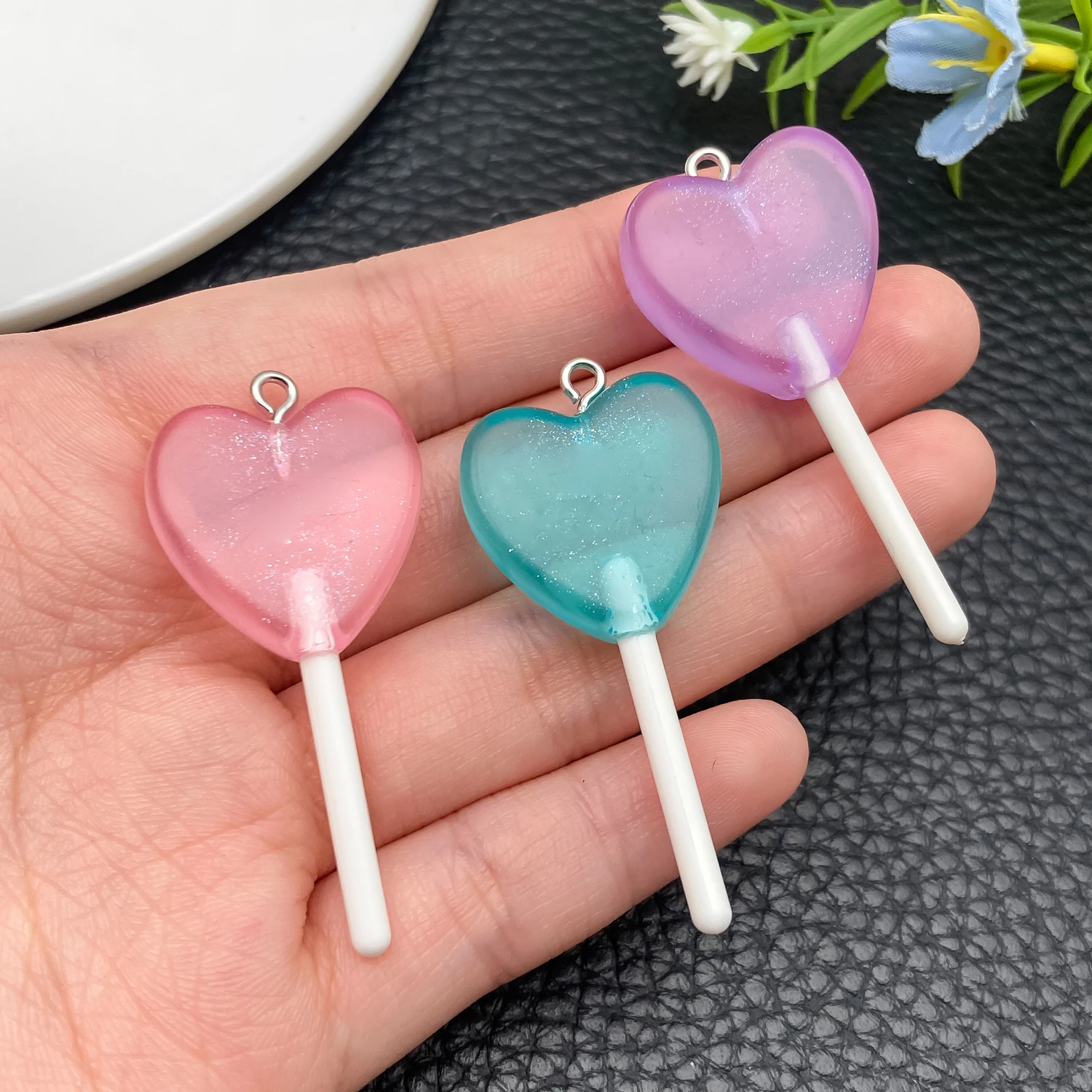 5 or 10pcs Realistic Heart Lollipop Charms - Resin DIY Pendants for Women's Dainty Jewelry Making