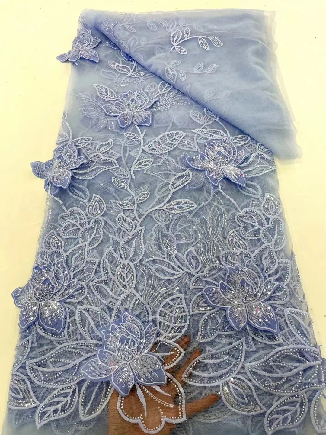 

African Sequins Lace Fabric High Quality Embroidery 3D Flower Sequence Beaded Lace Fabric for Bridal Material HXH5938