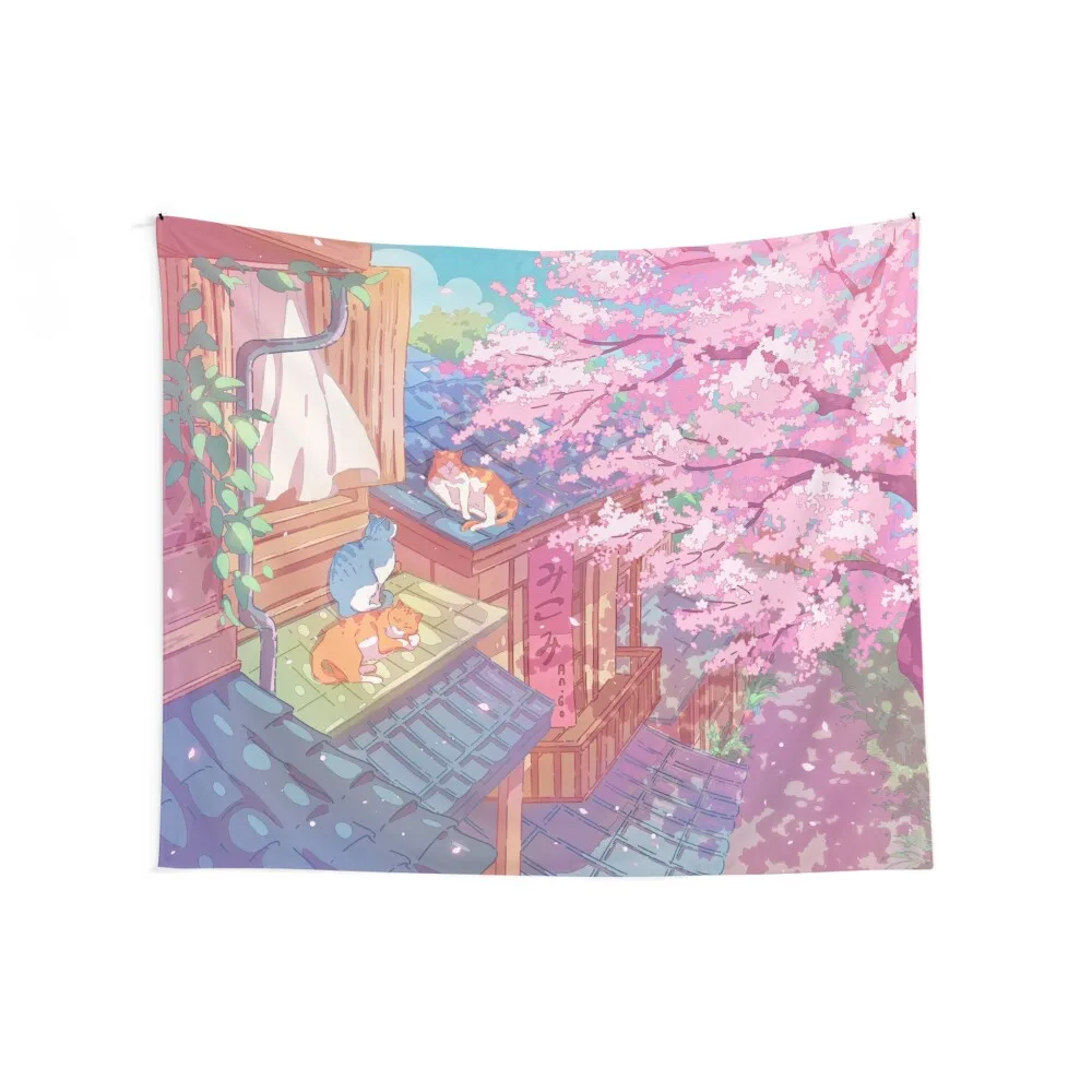 The cute cats, rooftops, and pink cherry blossom Tapestry Room Decor Cute Home Decor Aesthetic Tapestry