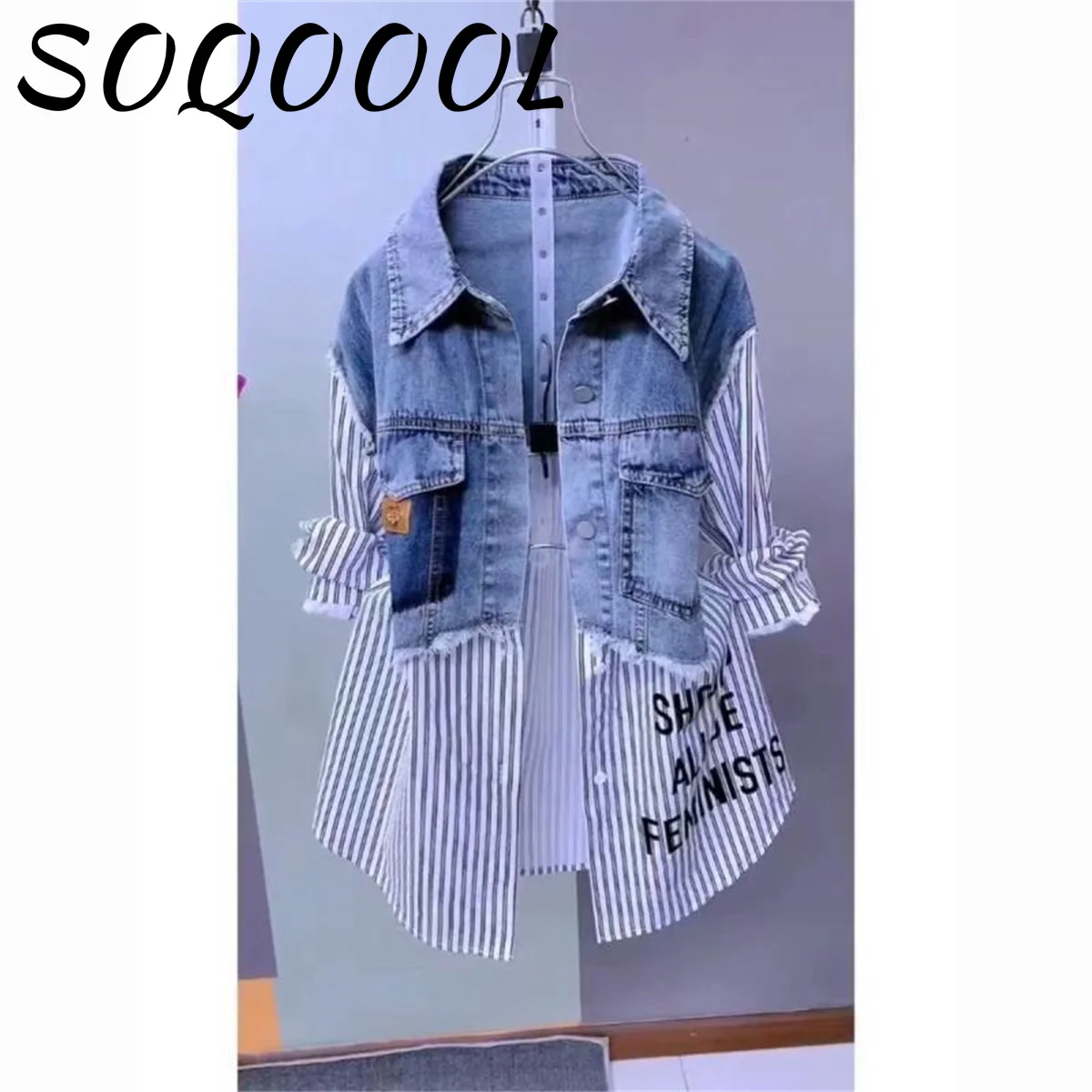 Fake Two Denim Shirts Women\'s Spring/Summer Korean Version Of Casual Western Style Joker Stitching Letter Striped Top Jackets