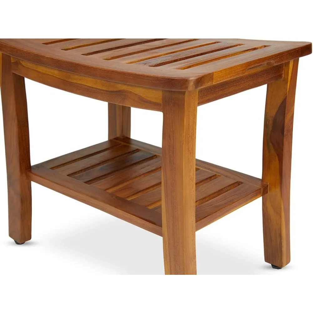 Teak Shower Bench 21 Inch, Fully Assembled Wood Bath Stool for Shower & Spa