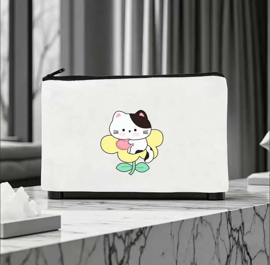 1pc Flower Heart Kitten Double Sided Print Canvas Cosmetic Bag Portable Travel Zipper Pouch