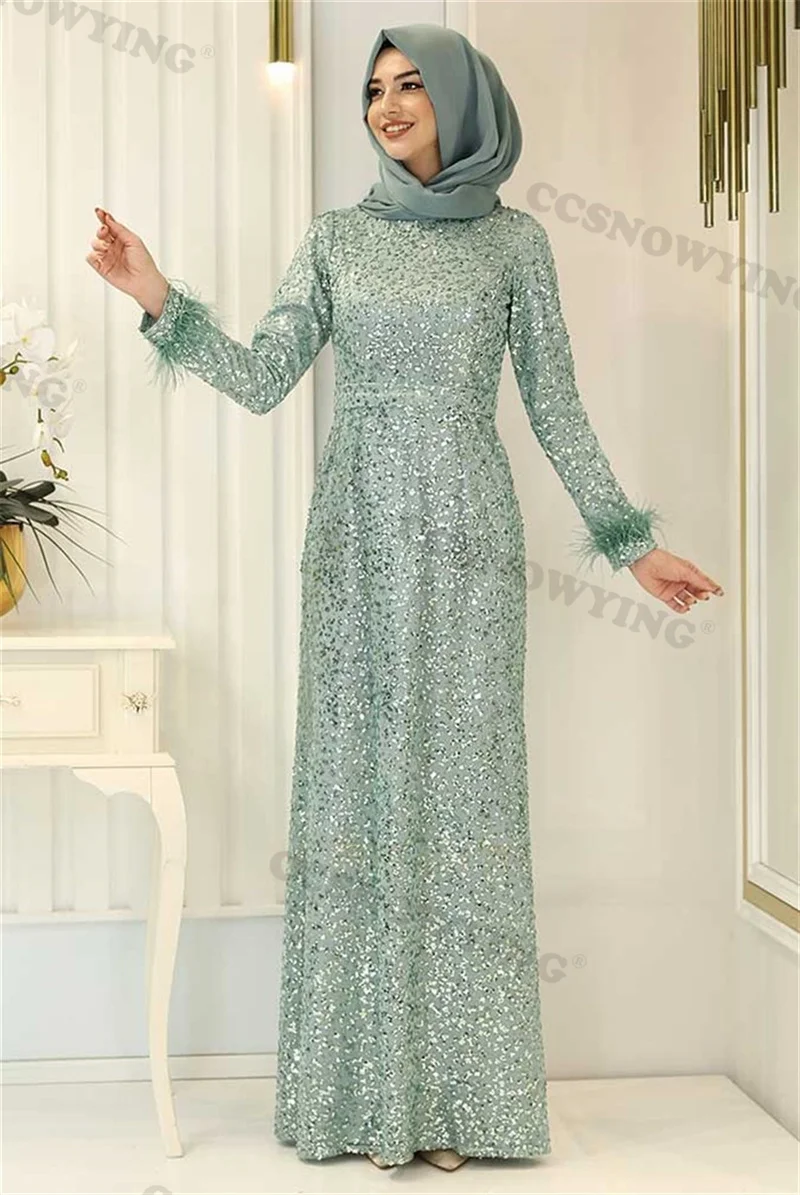 Robes de soirée musulmanes à manches longues pour femmes, col haut, hijab islamique, robe de soirée formelle, robes de soirée kly à paillettes, tout arabe, Dubaï