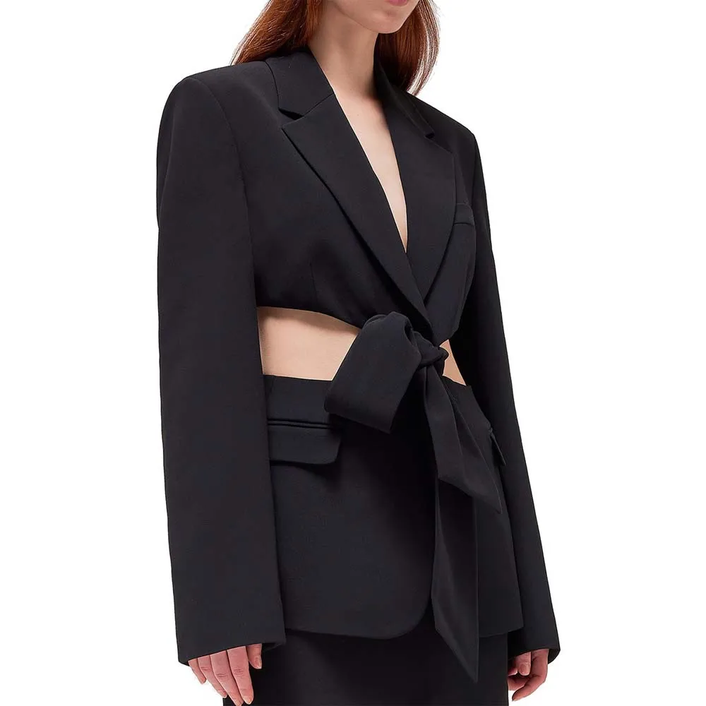 

Luxury Black Blazer Jackets for Woman Notched Collar Full Sleeve Hollow Out Straight Asymmetric Female Outwears Coats Jackets