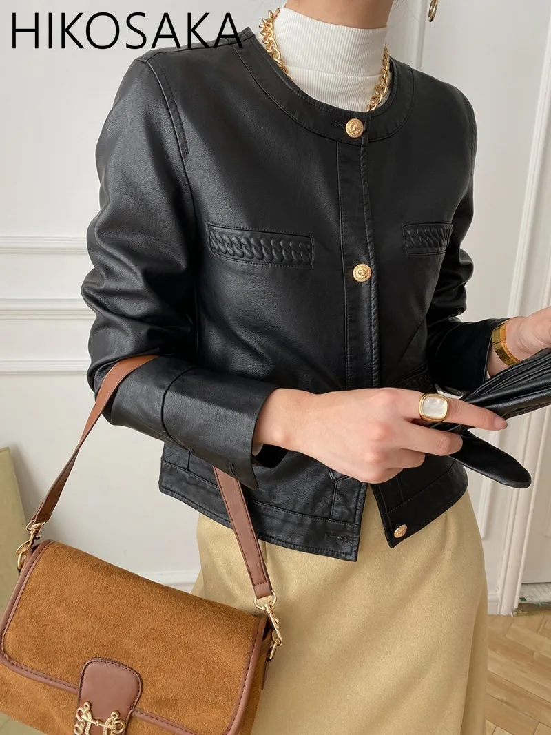 Small Fragrance Style Exquisite Metal Button Crop Top O-neck Braided Texture PU Leather Jackets Women Fall Winter Chic Coats