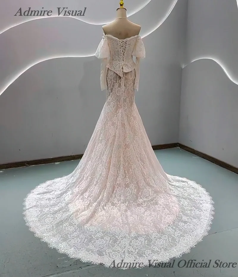 Admire Visual Wedding Dress Mermaid Lace Boat Neck  Neckline Basque With Detachable Sleeves Customized Bride Gowns