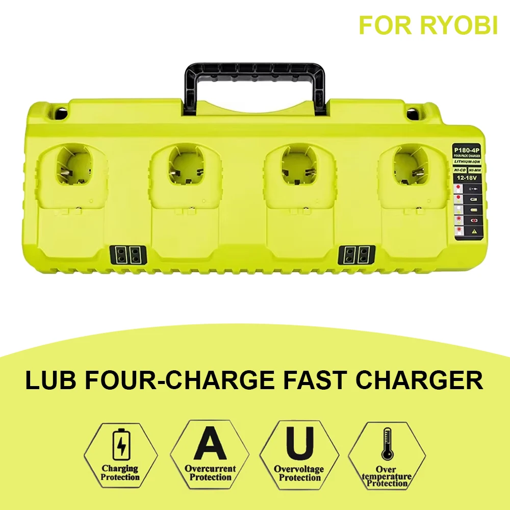 4 ports Replacement Charger for Ryobi NiCD NiMH Li-ion 12V 14.4V 18V Battery P107 P108 P108 ONE+ P110 fast charging 3A*4