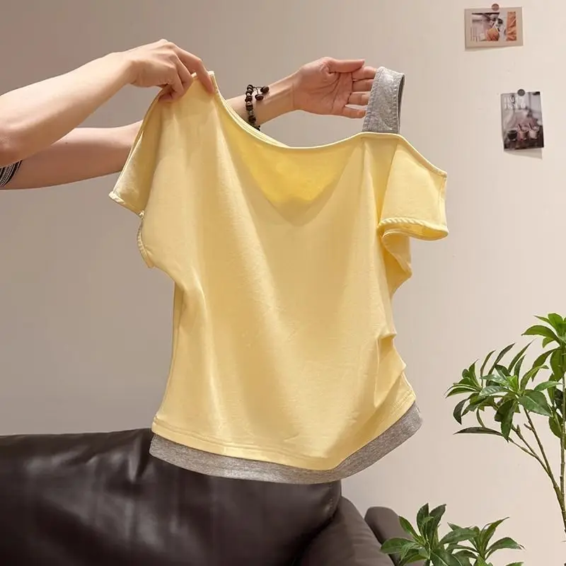 Summer Women's New Arrival Fitted Waist-cinching Two-piece Spliced Slant Collar Off-shoulder Short-sleeve T-shirt