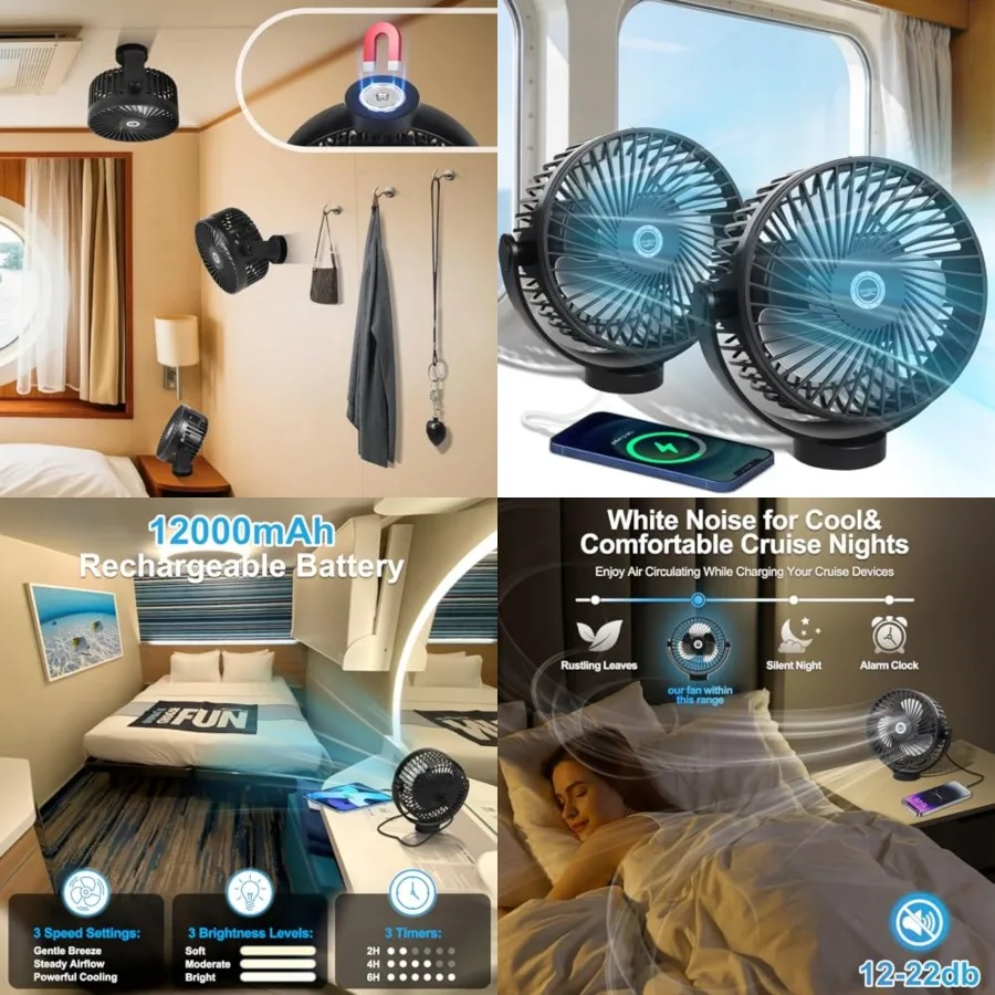 

2-Pack Magnetic Cruise Fan with 12000mAh Rechargeable Battery, LED Light, TimerandPower Output, Magnetically Sticks on Cabin Ce