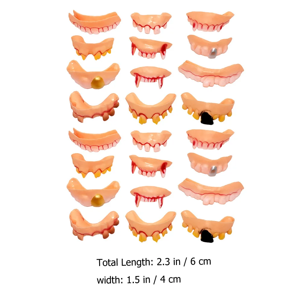 24 pçs adereços de fantasia de halloween dentes falsos feios simulação zumbi dentaduras adereços complicados (12 estilos) dentaduras falsas