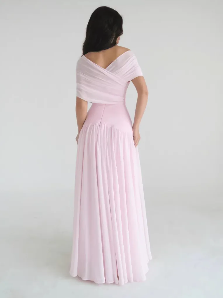 

AW Pink Formal Evening Dress Off The Shoulder Pleat Chiffon A Line arty Dresses for Women Floor Length Prom Gowns Customized