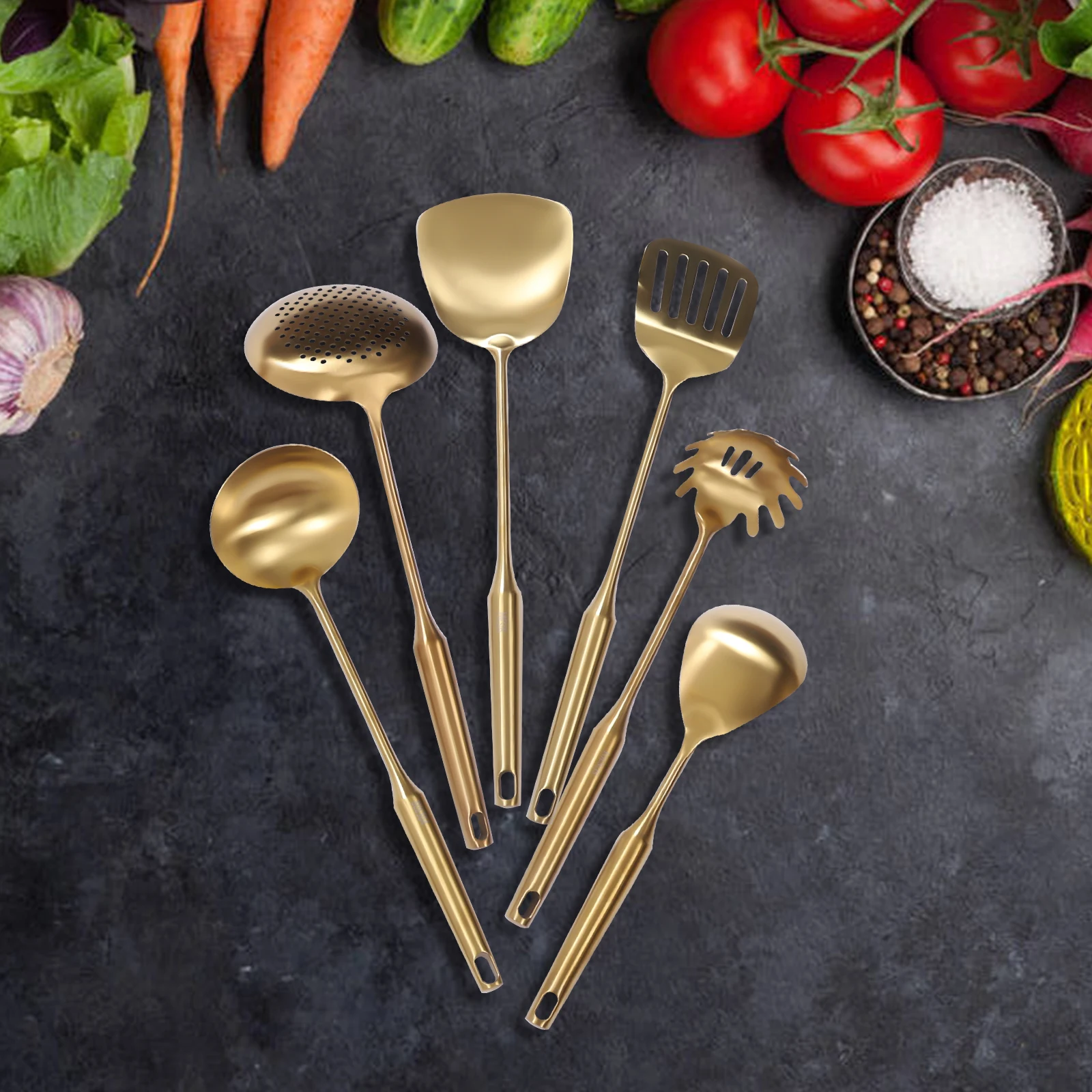 Gold Kitchen Utensils Set with Stand – 7 Piece 304 Stainless Steel Cooking Tool Considerate Design