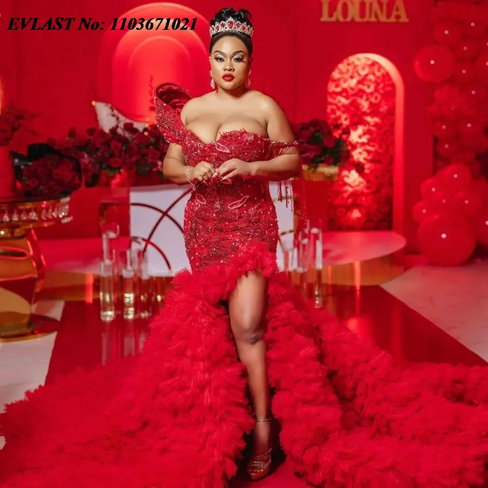 EVLAST Customized Beaded Traditional African Red Prom Dress Ruffled Tulle Aso Ebi High Slit Evening Dress Formal Party Gown P198