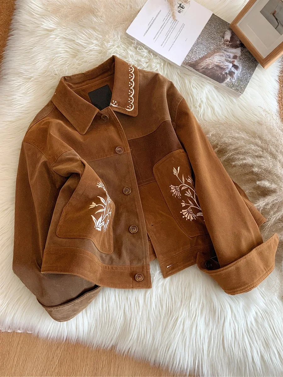 

Retro Embroidered Lapel Jaet Loose Fit ex Spring Autumn Versatile Casual Long Sve Women's Faion Outerwear