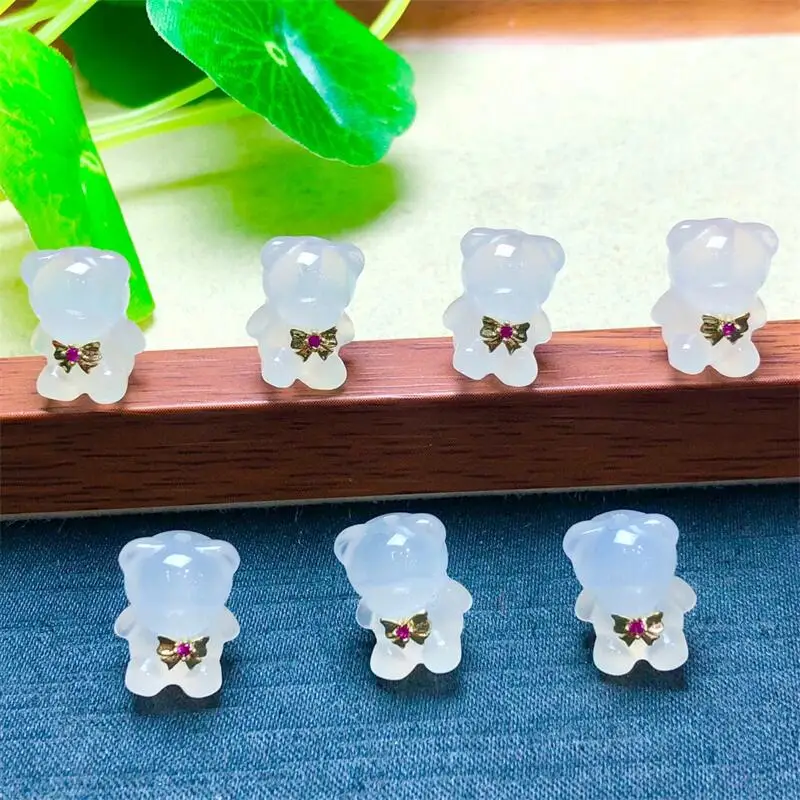 5PCS Natural White Agate Cartoon Bear Carving Pendant Necklace Crystal Carved Figurine Gift Fashion Jewelry For Women 14MM