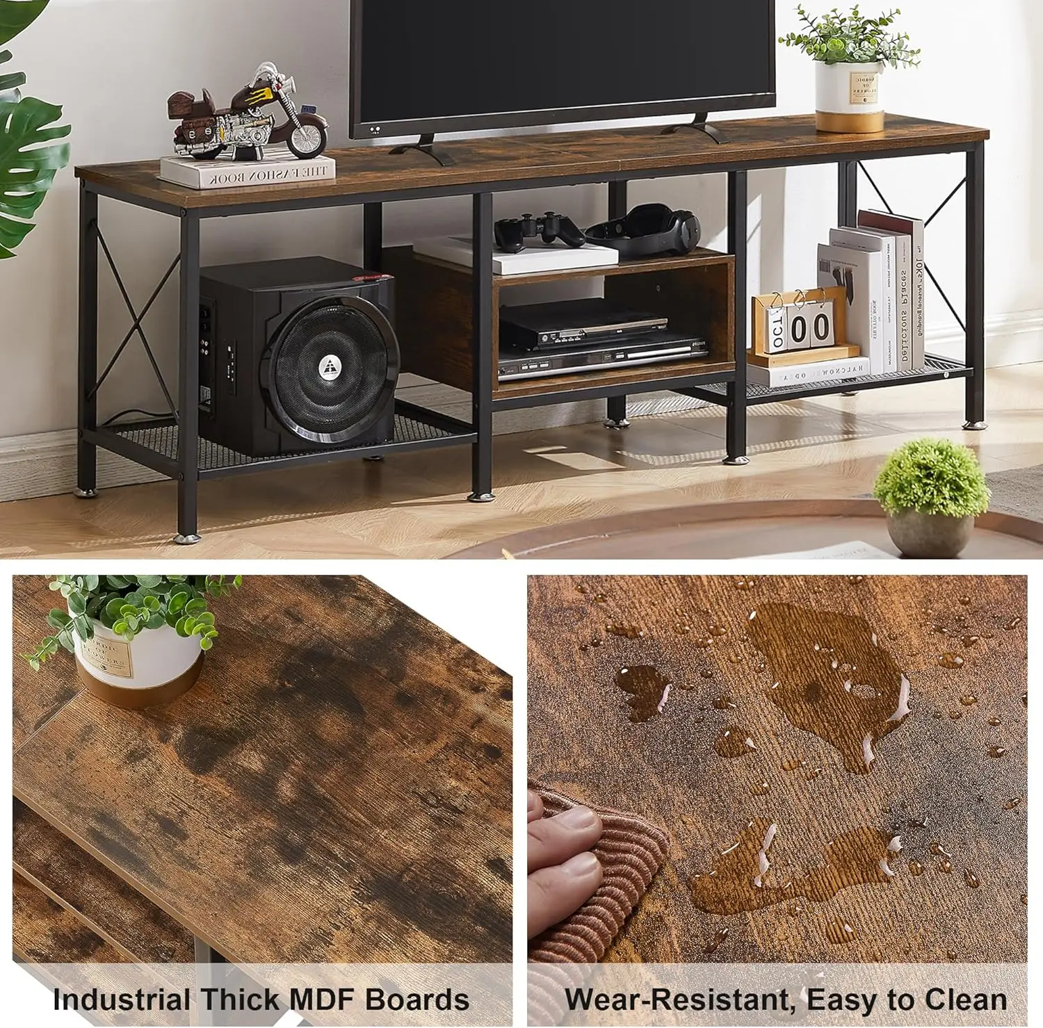 Industrial TV Stand for 75 Inch Television Cabinet 3-Tier Console with Open Storage Shelves,Entertainment Center for Living Room