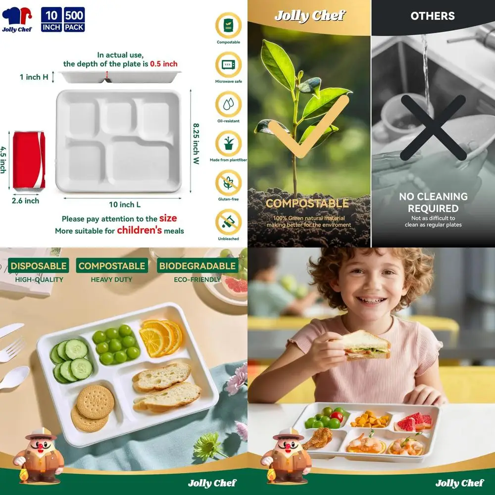 

Упаковка из 500 штук: прочные биоразлагаемые бумажные тарелки с разделителями, 10x8.25 дюймов – экологичные, для небольших порций, обедов, ужинов и особых случаев