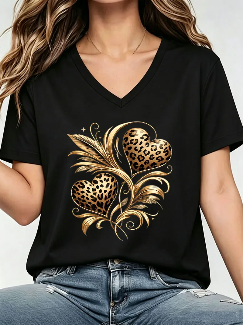 Fashion Harajuk Floral T-shirt V Neck Casual T Shirts Women Short Sleeve Graphic Tee Shirt V-Neck Summer Spring Clothing