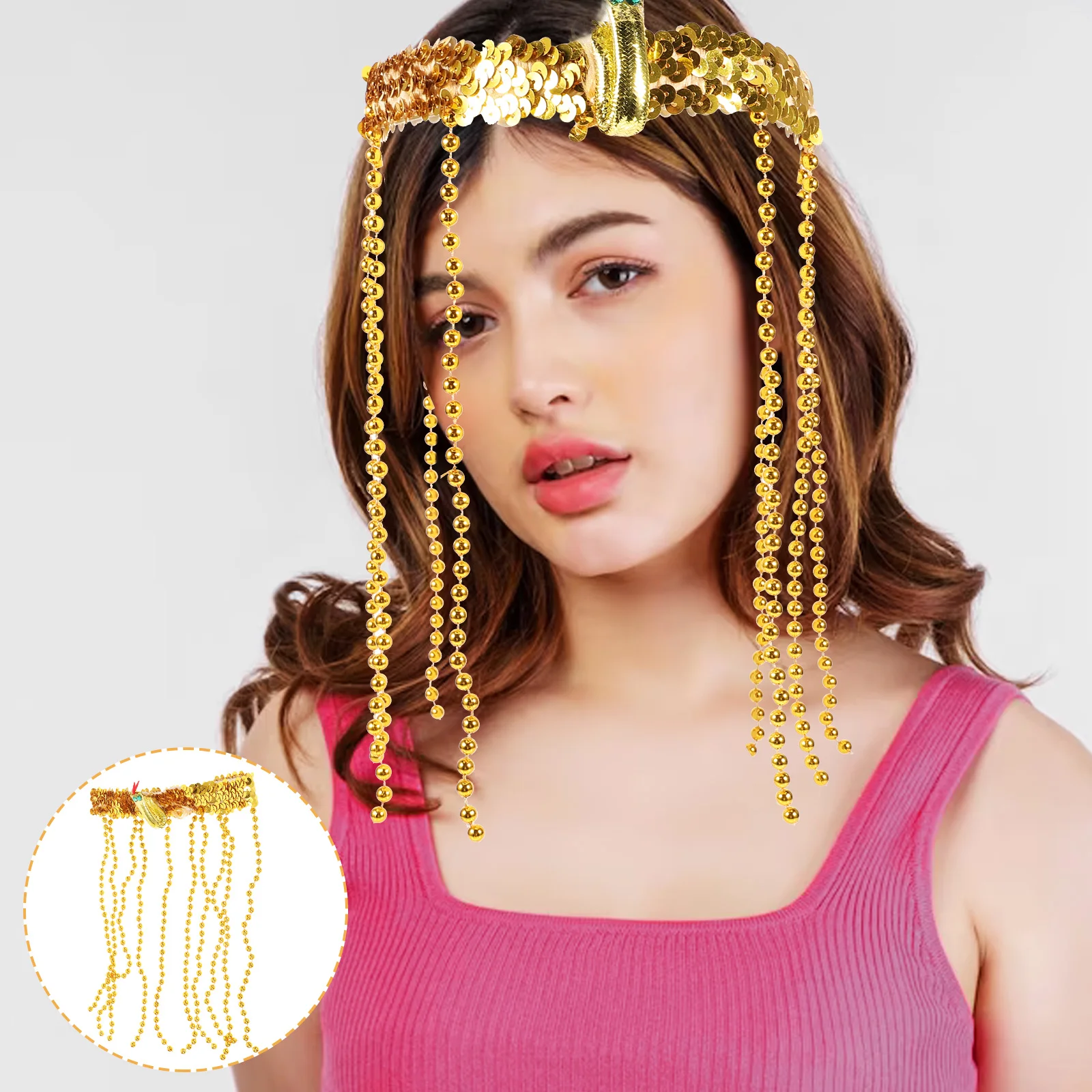

Egyptian Costume Headband Snake Beaded Headpiece with Hanging Beads Sequin Accessories for Women's Halloween Egyptian Headdress